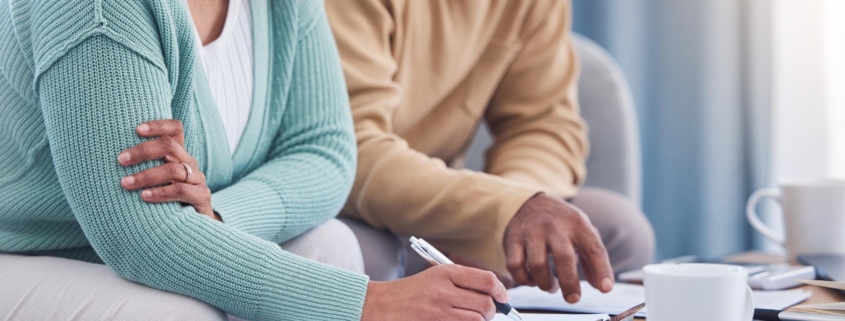 Senior couple, documents and sign contract for life insurance or home mortgage. Discussion, signature and retired elderly man and woman signing legal paperwork for will or loan application together.