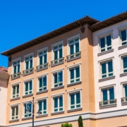 Exterior view of multifamily residential building; Santa Clara, San Francisco bay area, California