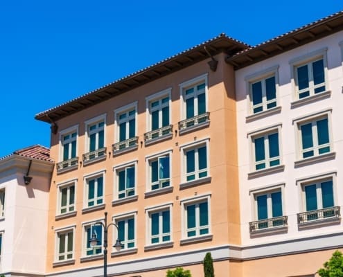 Exterior view of multifamily residential building; Santa Clara, San Francisco bay area, California