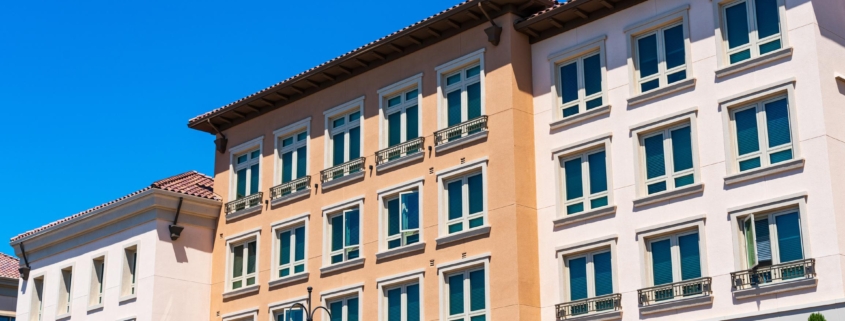 Exterior view of multifamily residential building; Santa Clara, San Francisco bay area, California