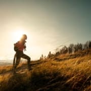 Hiker young woman with backpack rises to the mountain top on mountains landscape background