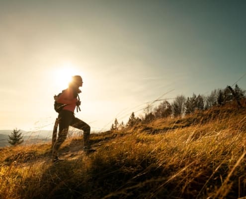 Hiker young woman with backpack rises to the mountain top on mountains landscape background