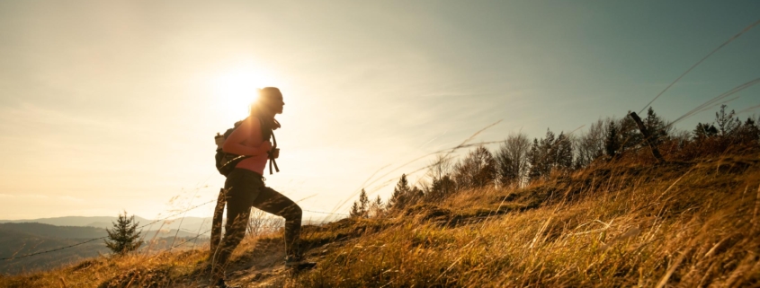 Hiker young woman with backpack rises to the mountain top on mountains landscape background