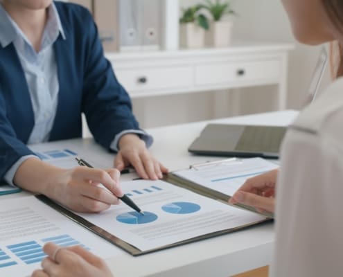 Asia stock trader agent or Sale tax loan broker advice brief and point hand to graph report talk to client at office desk show budget chart data or legal result on claim form. Trust will in work plan.
