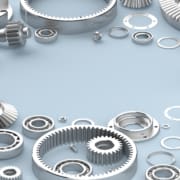 Mechanical background of parts and mechanisms, 3d render. Flat layout of the flatlay of gears and bearings, with an empty space.