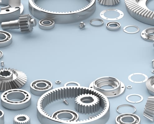 Mechanical background of parts and mechanisms, 3d render. Flat layout of the flatlay of gears and bearings, with an empty space.