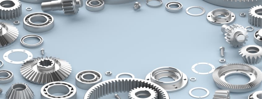 Mechanical background of parts and mechanisms, 3d render. Flat layout of the flatlay of gears and bearings, with an empty space.